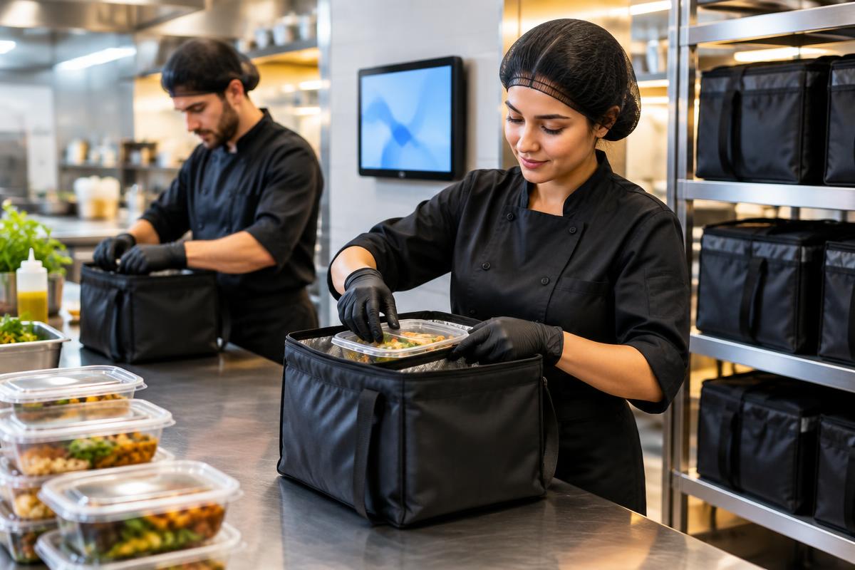 Kitchen staff packing sealed delivery bags in a delivery-only kitchen