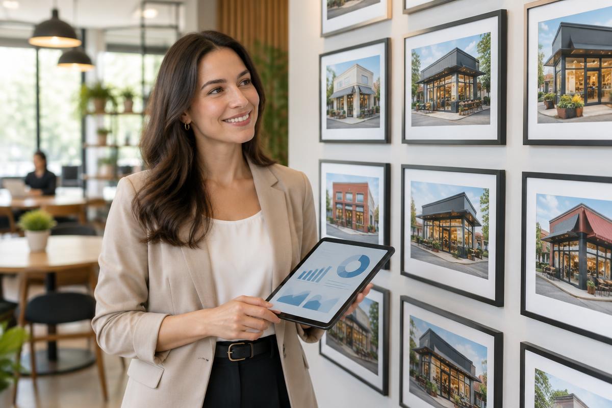 A manager reviewing sales charts on a tablet beside a wall of branch photographs