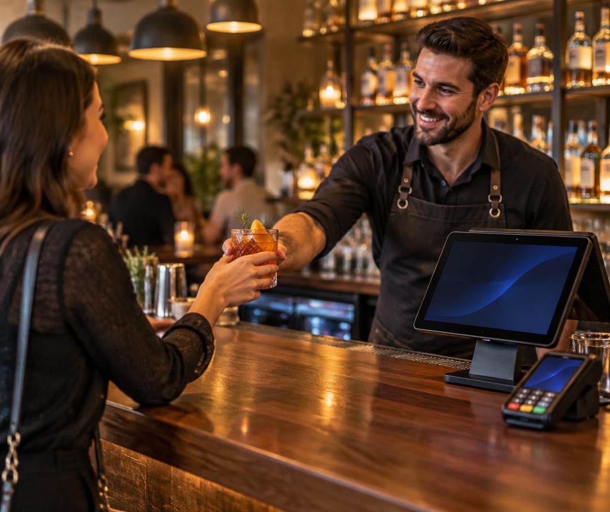 A bartender serving a customer at the counter, with an EPOS touchscreen terminal and a card payment terminal on the counter beside them