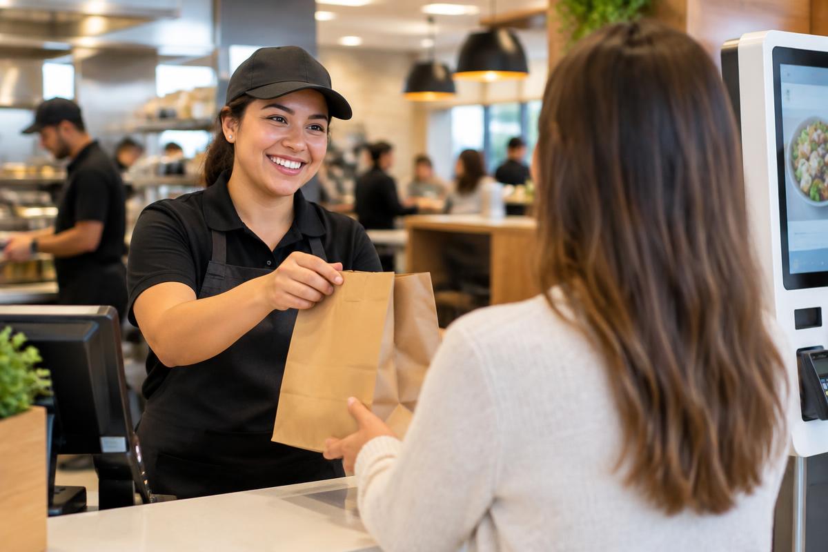 A colleague handing a takeaway order across a fast service counter
