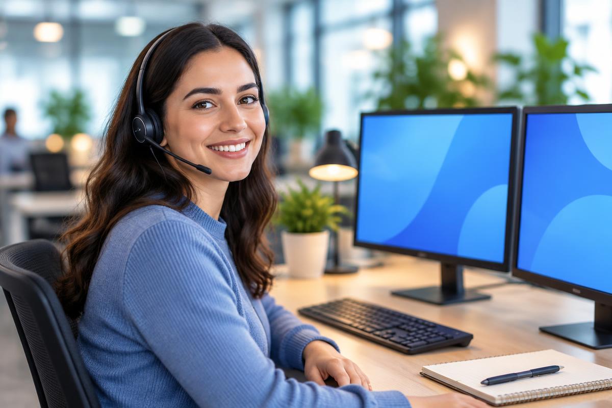 A member of the customer support team wearing a headset, seated at a desk with two screens